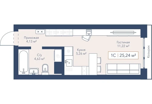 Студия 25,2 м² — изображение 1